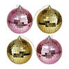 Kerstballen disco - 4x st - goud en roze - 10 cm - kunststof - Kerstbal