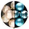 Decoris kerstballen - 12x st - 8 cm - champagne en blauw - kunststof - Kerstbal