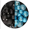 Kerstballen 60x stuks - mix zwart/ijsblauw - 4-5-6 cm - kunststof - Kerstbal