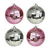 Kerstballen disco - 4x st - roze en zilver - 10 cm - kunststof - Kerstbal