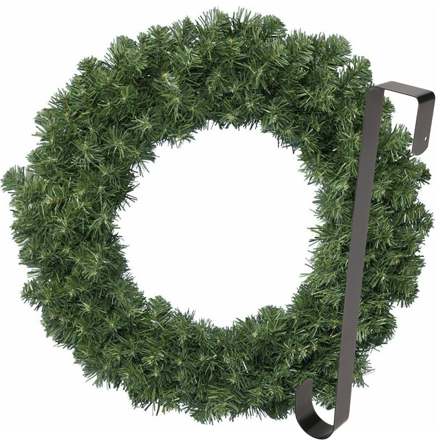 Kerstkrans 50 cm groen met zwarte hanger-ophanghaak kerstversiering Kerstkransen