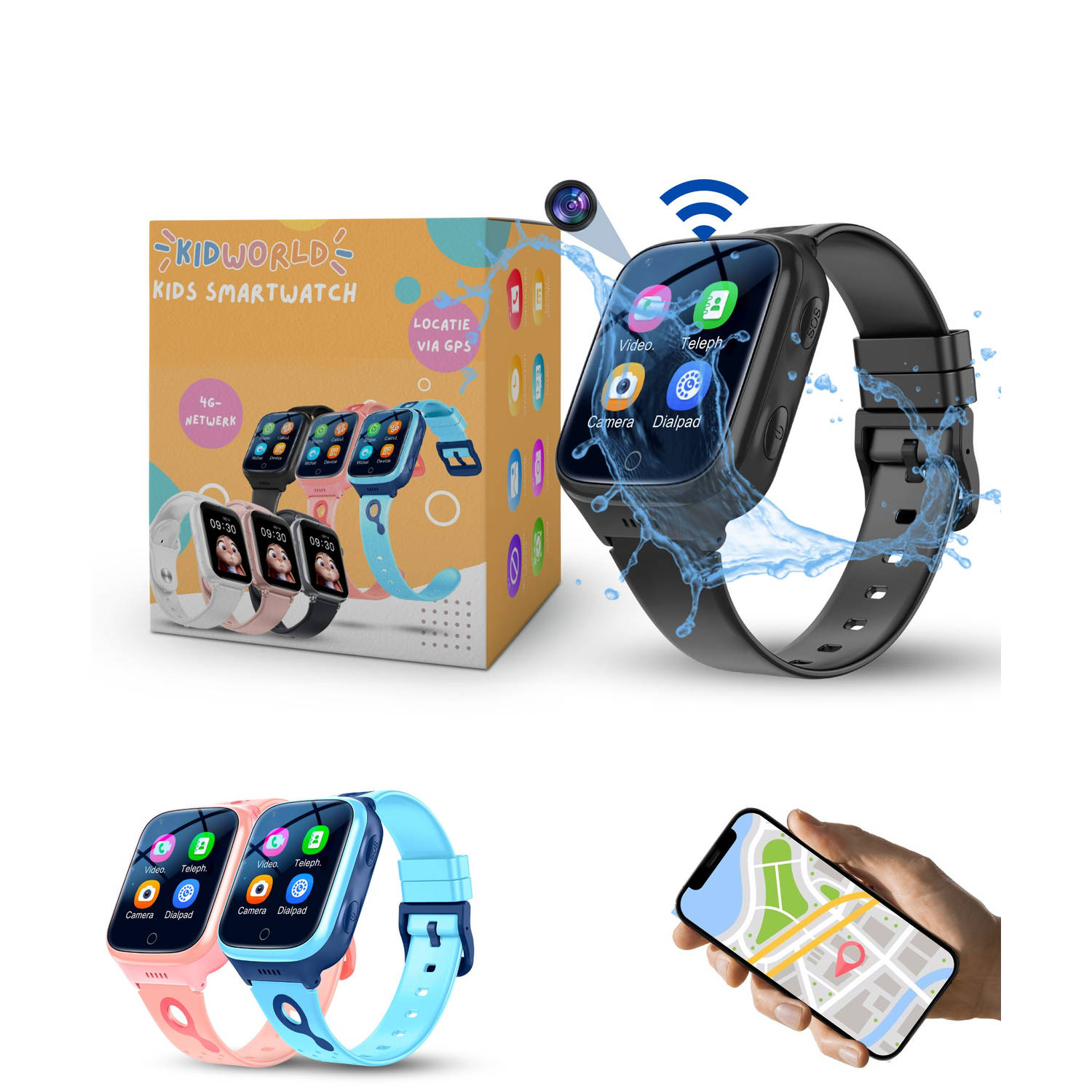 KidWorld Smartwatch Kinderen Zwart Met HD-camera, GPS en 4G Verbinding 1000 mAh Batterij