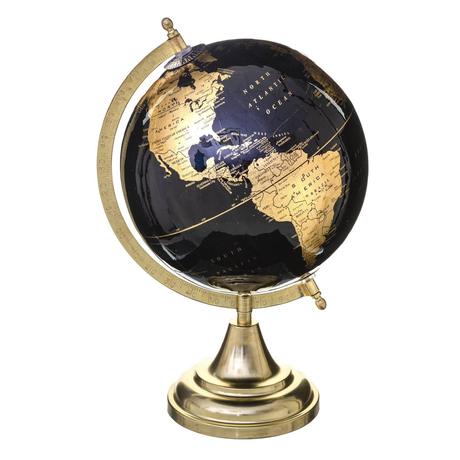 Decoratie wereldbol-globe zwart-goud op metalen voet D20 x H33 cm Wereldbollen