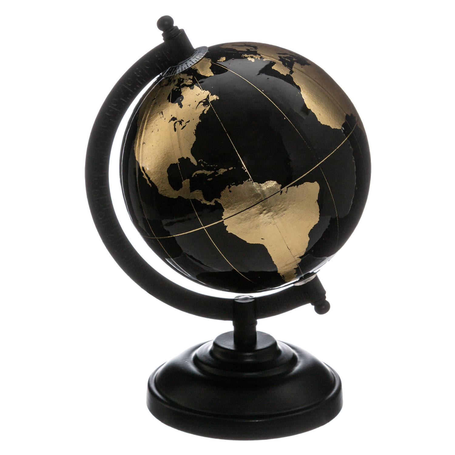 Decoratie wereldbol-globe zwart-goud op metalen voet D13 x H22 cm Wereldbollen