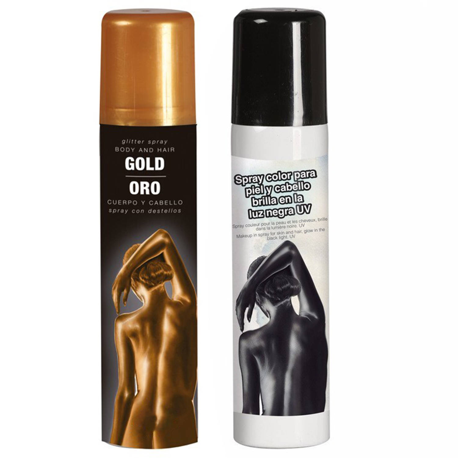 Guirca Haarspray-bodypaint spray 2x kleuren goud en zwart 75 ml Verkleedhaarkleuring