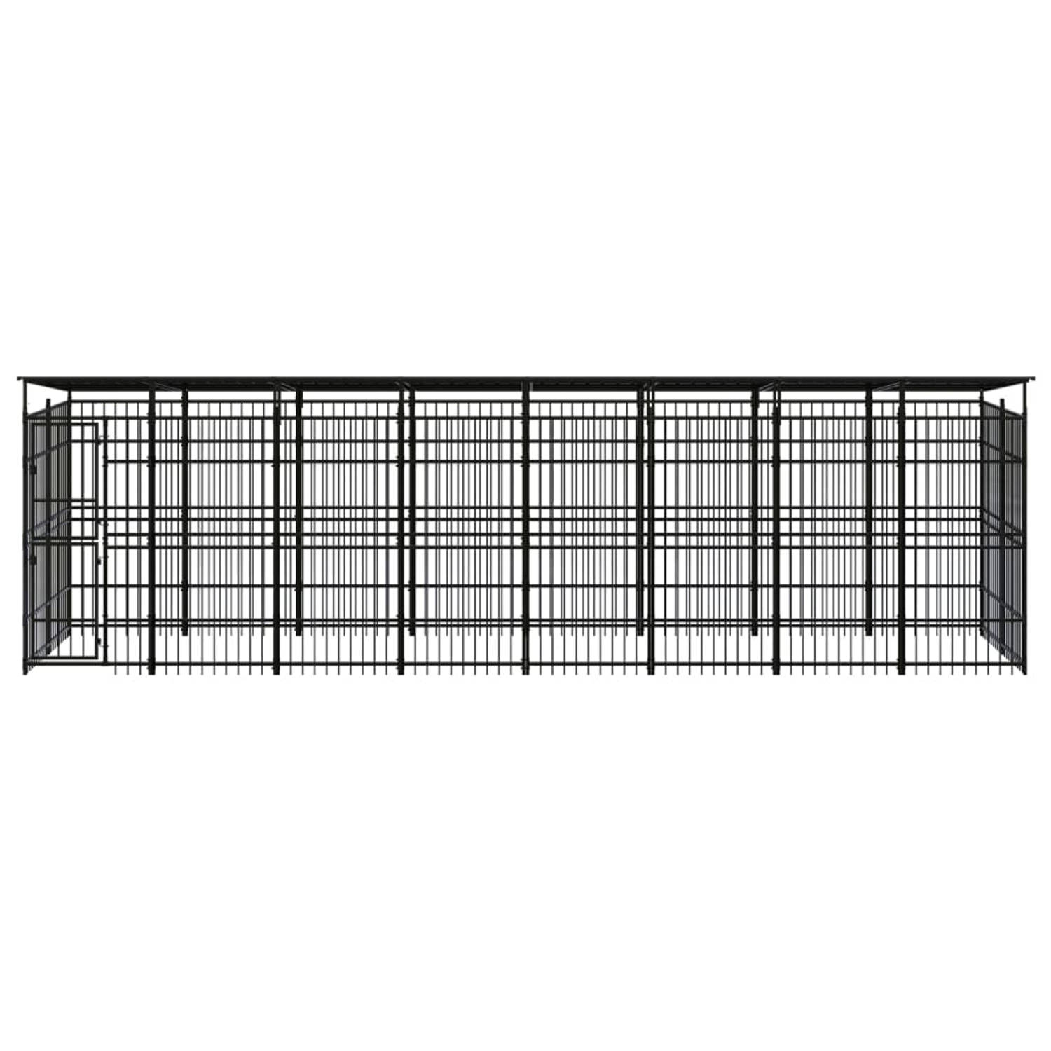 The Living Store Hondenkennel - Gepoedercoat staal - 775x200x228 cm - Met deur en dak - Zwart