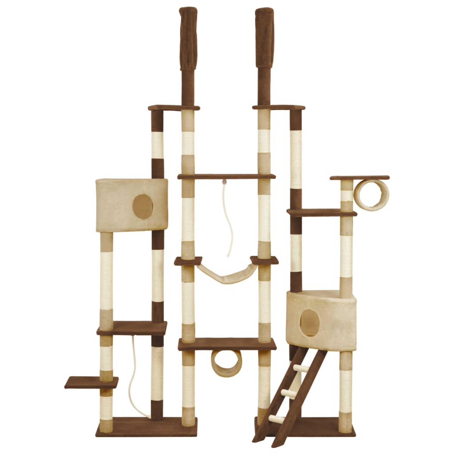 The Living Store Kattenboom - Bruin en beige - 60 x 40 x 234 cm - Met huisjes - klimtouw - ladder - krabpalen en