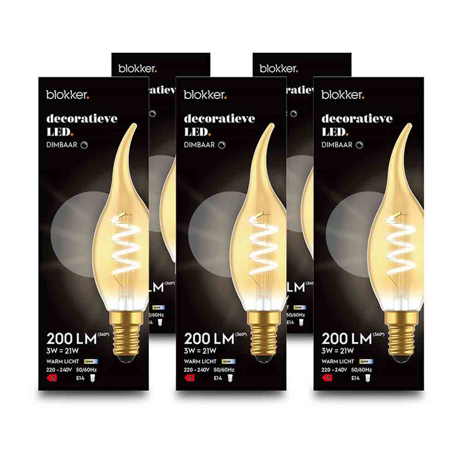 Blokker LED Kaars gebogen tip C35 3W E14 spiraal goud - Dimbaar - 5 stuks