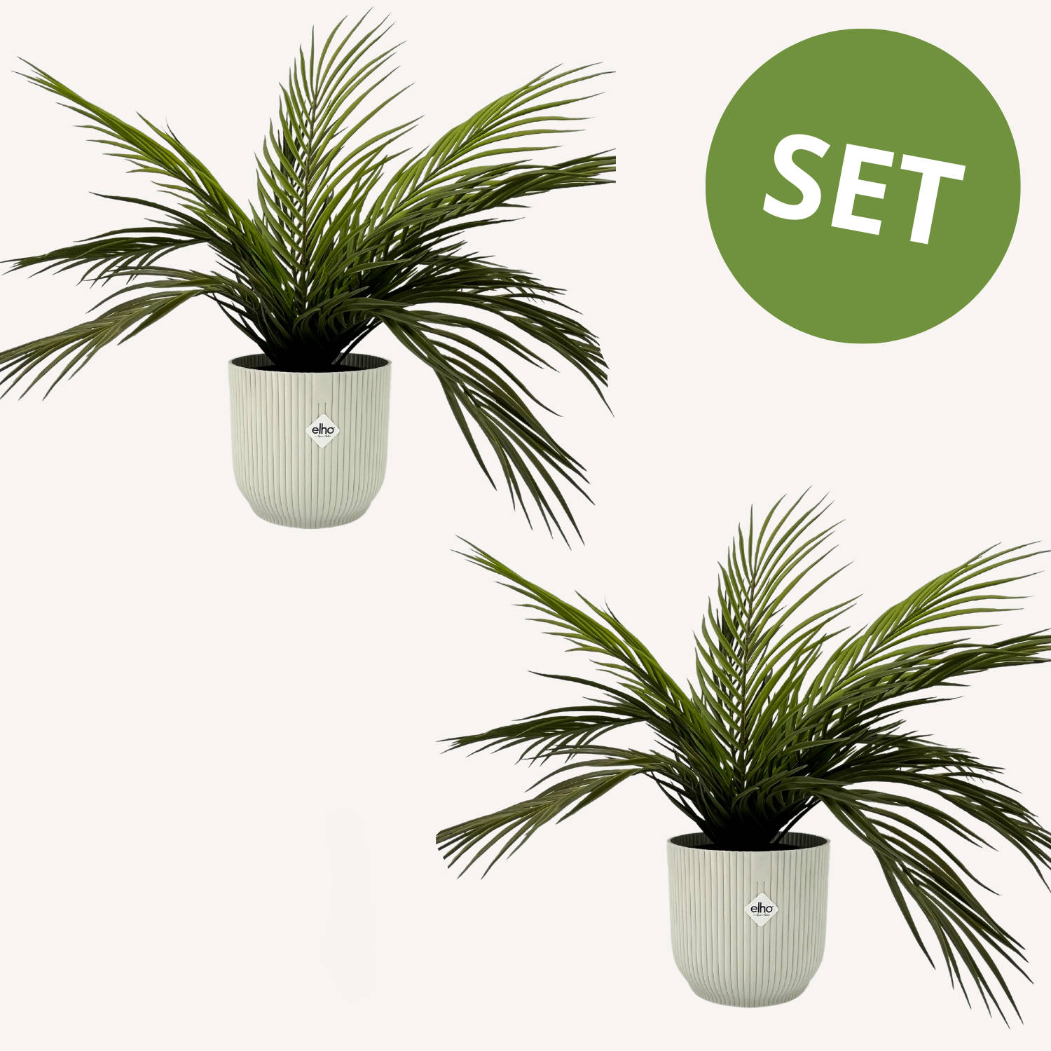 Set van 2x Kunstpalm 40cm | Kleine Kunstpalm | Kunstplant voor binnen | Nepplant palm & 2x Elho Vibes Fold rond 16 cm Silky White