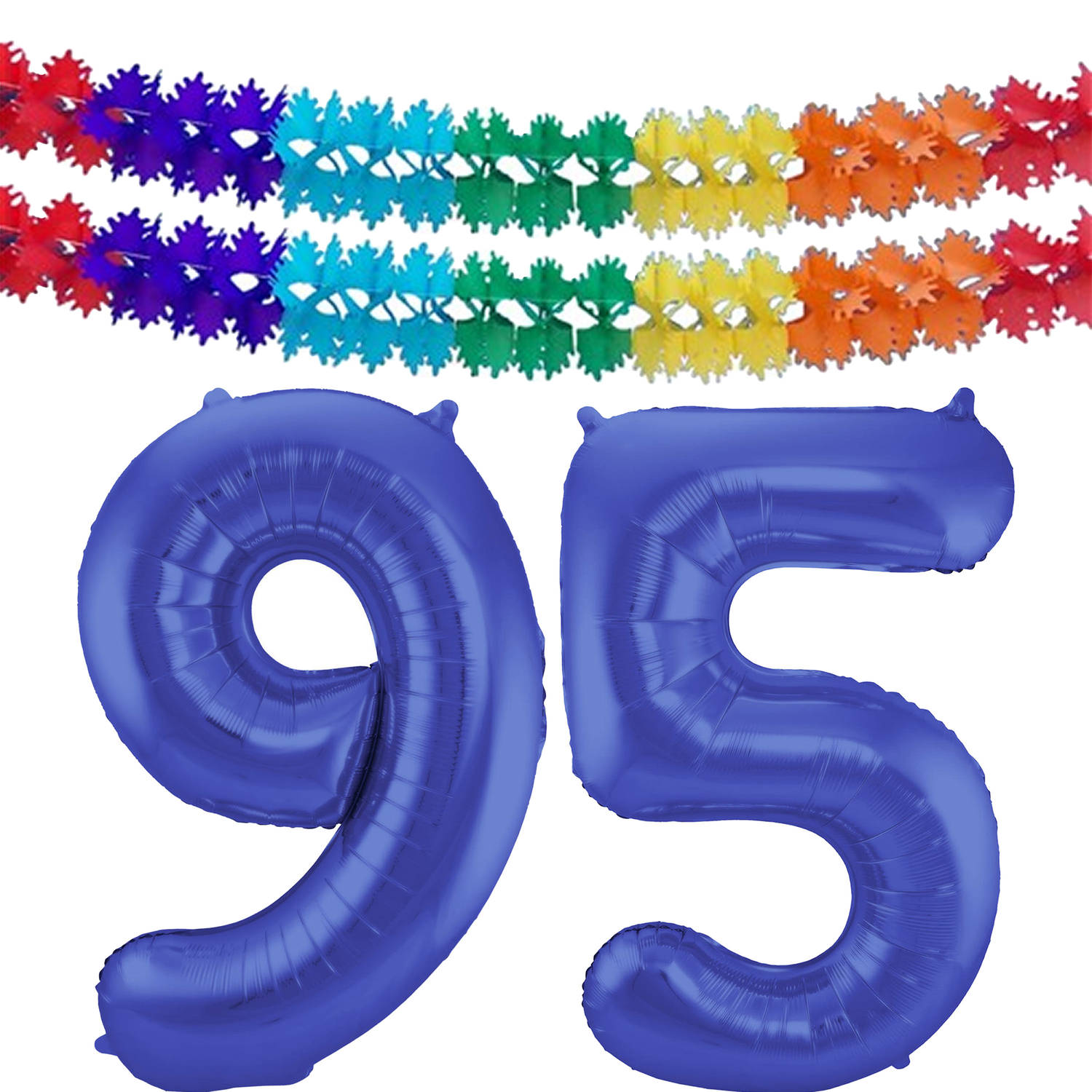 Leeftijd feestartikelen/versiering grote folie ballonnen 95 jaar paars 86 cm + slingers - Ballonnen