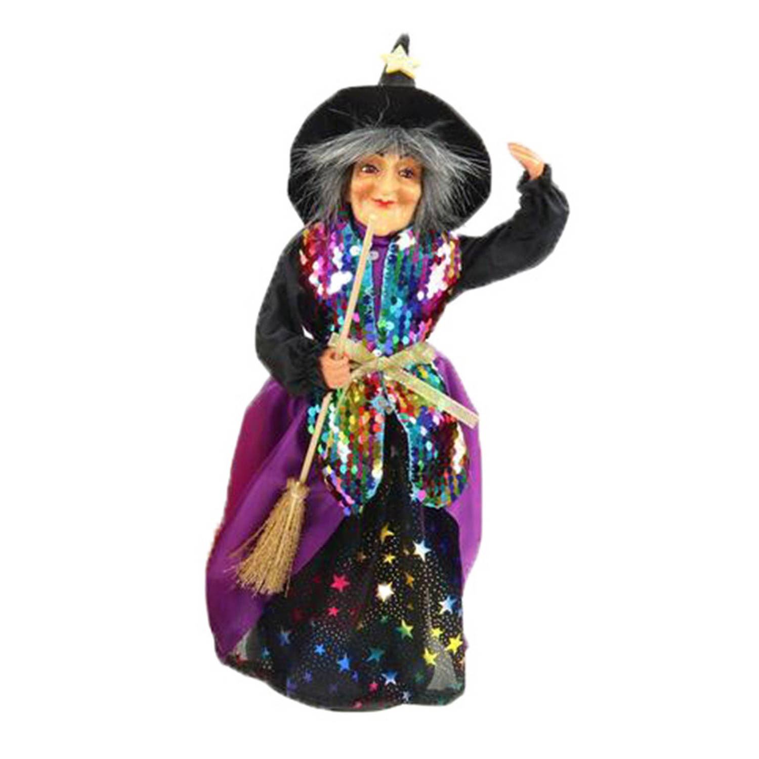 Creation decoratie heksen pop staand 30 cm zwart-paars Halloween versiering Halloween poppen