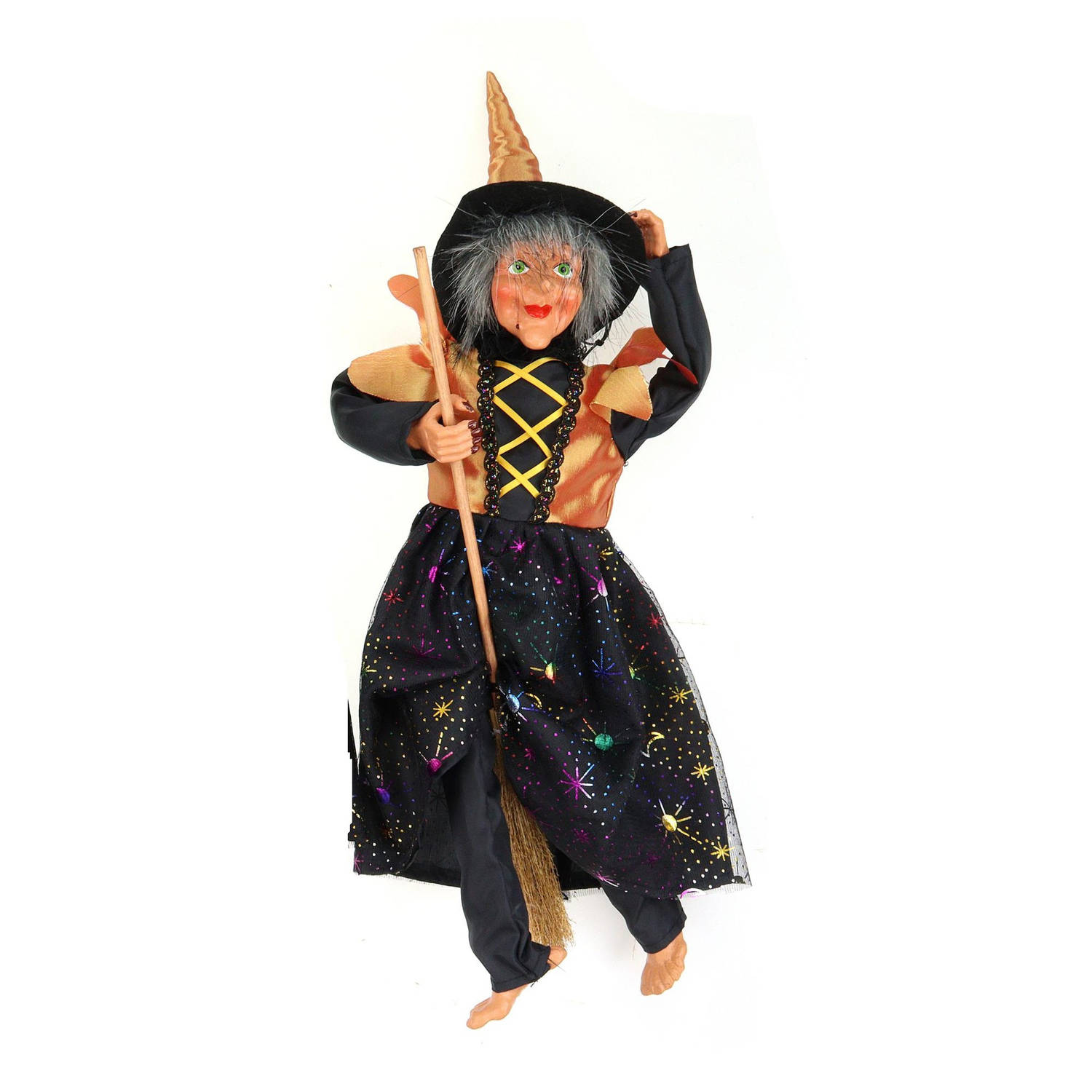 Creation decoratie heksen pop vliegend op bezem 40 cm zwart-oranje Halloween versiering Halloween po