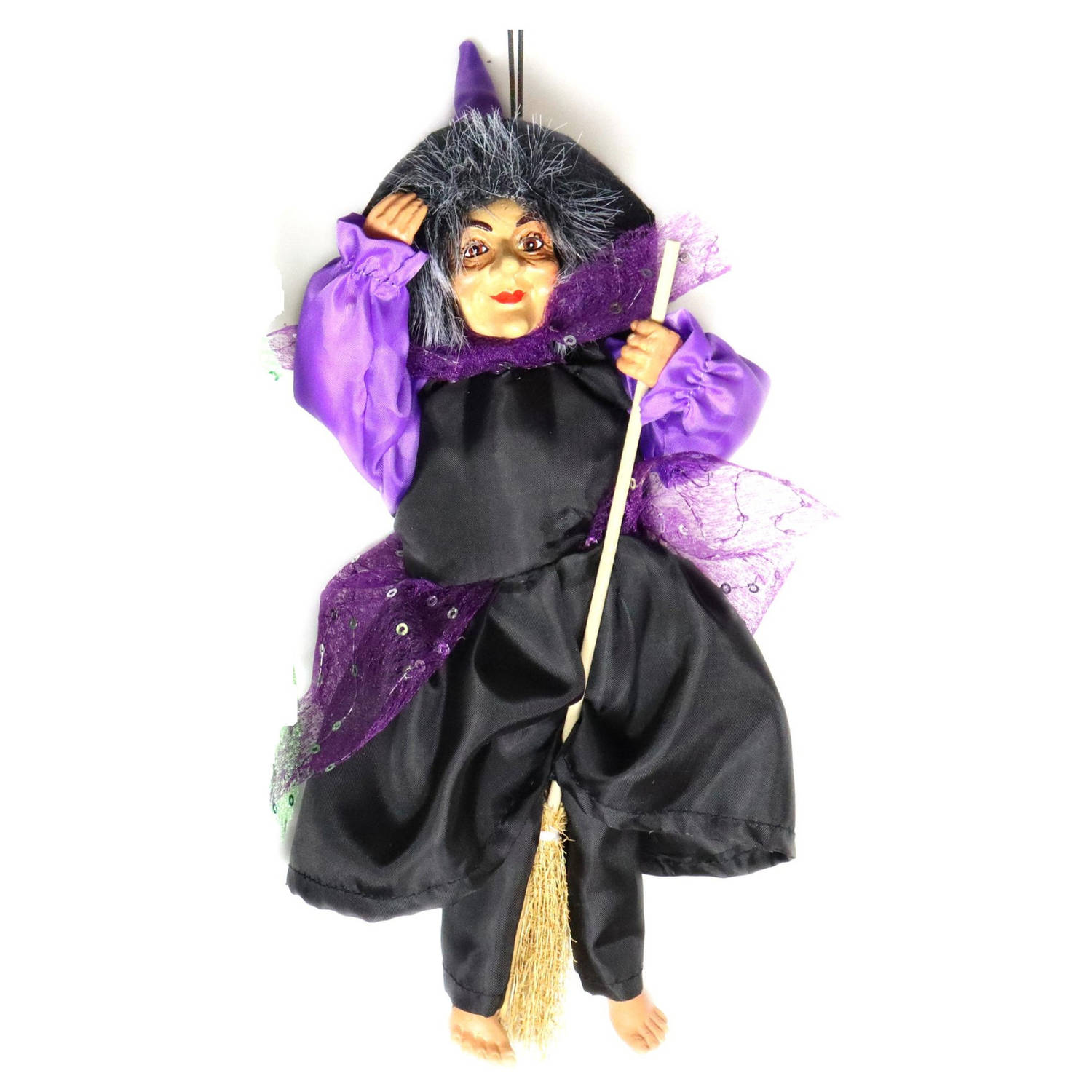Creation decoratie heksen pop vliegend op bezem 35 cm zwart-paars Halloween versiering Halloween pop
