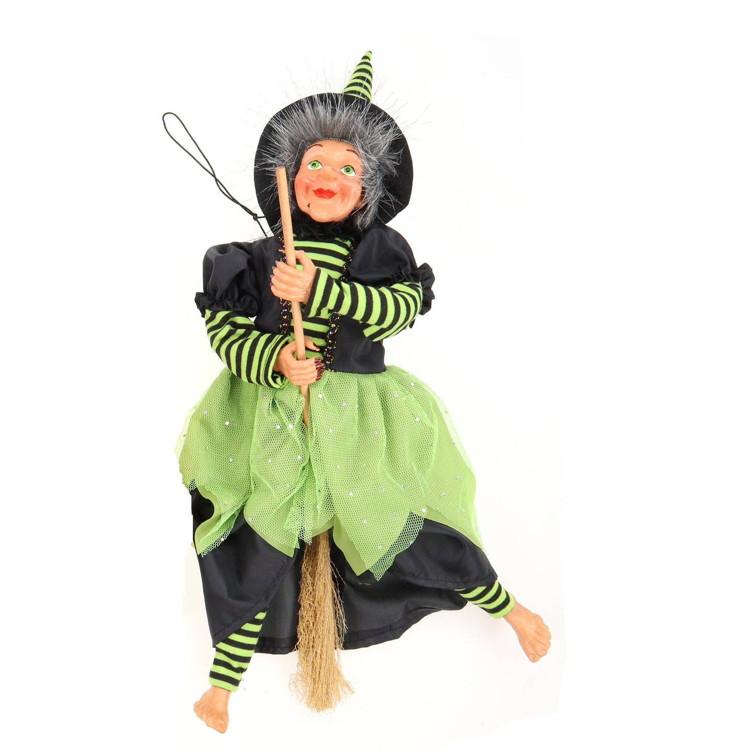 Creation decoratie heksen pop vliegend op bezem 40 cm zwart-groen Halloween versiering Halloween pop