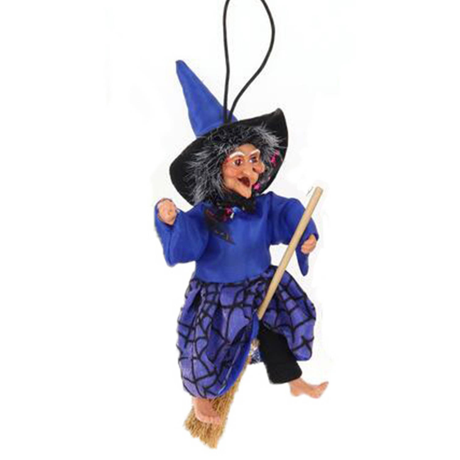 Creation decoratie heksen pop vliegend op bezem 10 cm zwart-blauw Halloween versiering Halloween pop