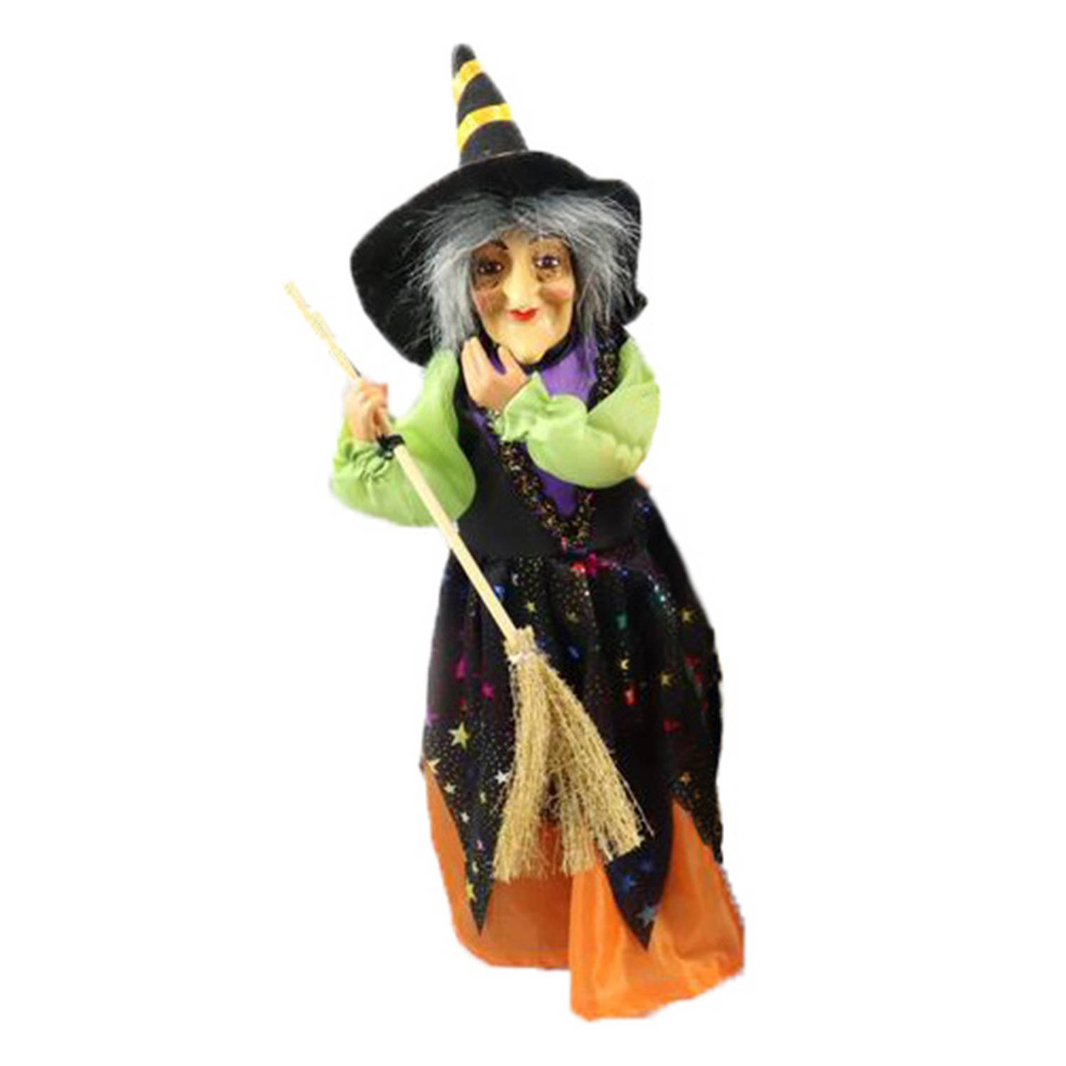 Creation decoratie heksen pop staand 35 cm zwart-oranje Halloween versiering Halloween poppen