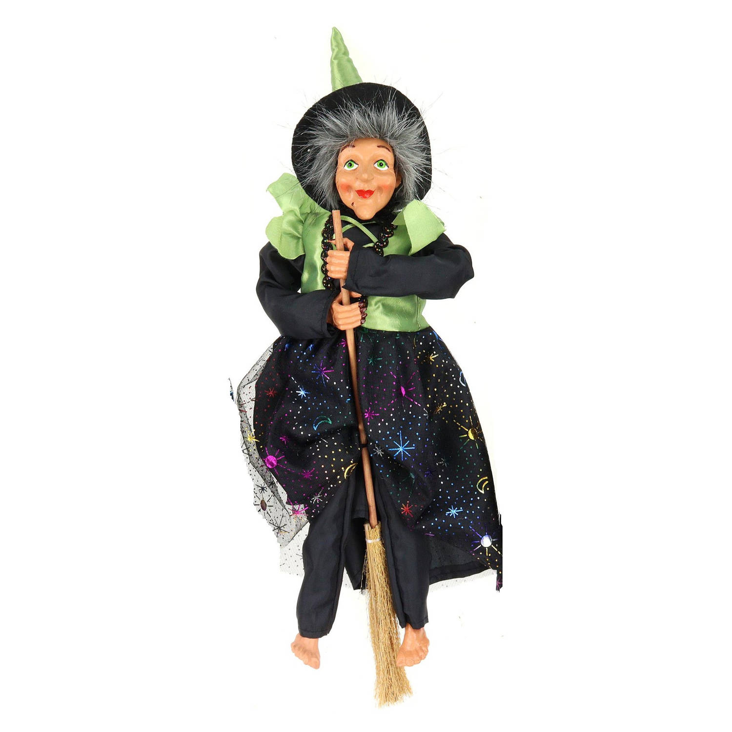 Creation decoratie heksen pop vliegend op bezem 40 cm zwart-groen Halloween versiering Halloween pop