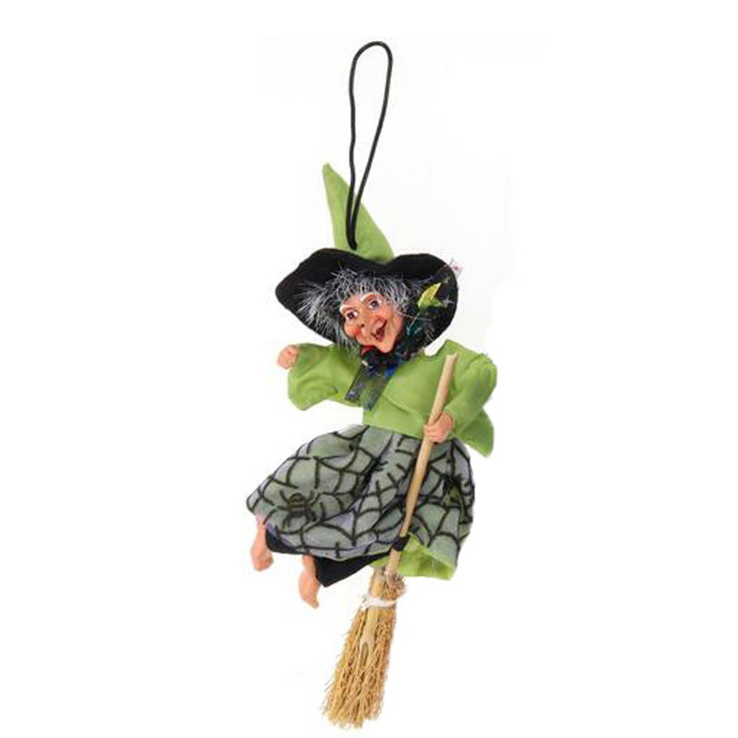 Creation decoratie heksen pop vliegend op bezem 10 cm zwart-groen Halloween versiering Halloween pop