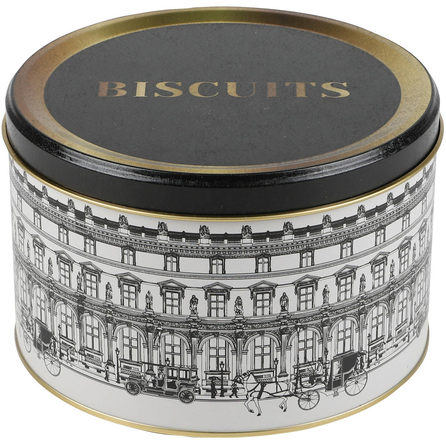 Urban Living koektrommel/voorraadblik Biscuits - Versailles - metaal - wit/zwart - 17 x 11 cm