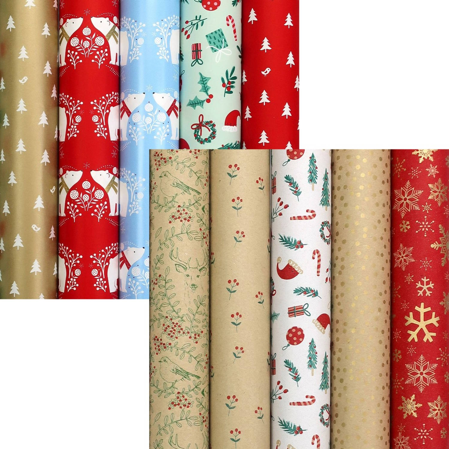 SANTAS HELPER en WINTERGARDEN assortiment kerstpapier cadeaupapier inpakpapier voor kerstmis - 2 meter x 70 cm - 10 rollen