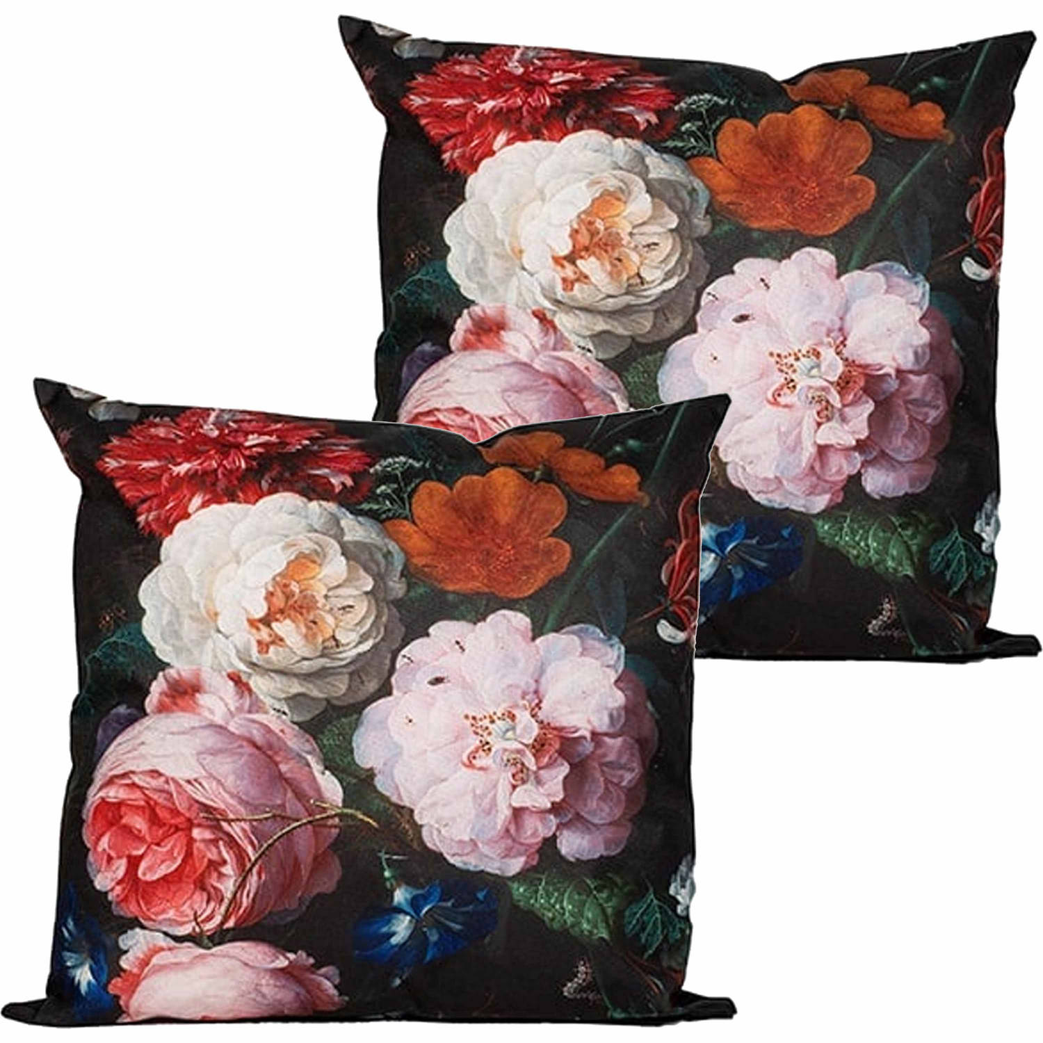 Anna's collection buitenkussen bloem - 2x - zwart/roze - 45 x 45 cm - tuinstoelkussens