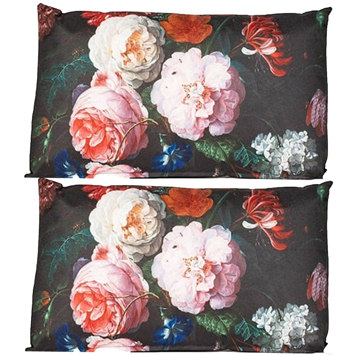 Anna's collection buitenkussen bloem - 2x - Zwart/roze - 30 x 50 cm - tuinstoelkussens