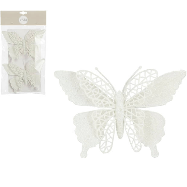 House of Seasons kerst vlinders op clip - 2x st - wit glitter - 16 cm - Kersthangers