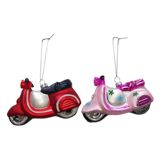 IKO Kersthangers scooters - 4x st - roze en rood - 11,5 cm - glas - Kersthangers