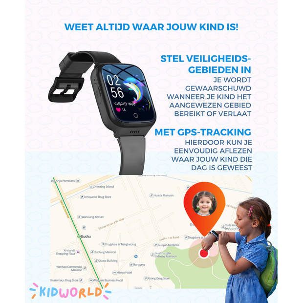KidWorld Smartwatch Kinderen Zwart Met gratis Lebara simkaart incl. €15 beltegoed en 50MB 1000 mAh Batterij