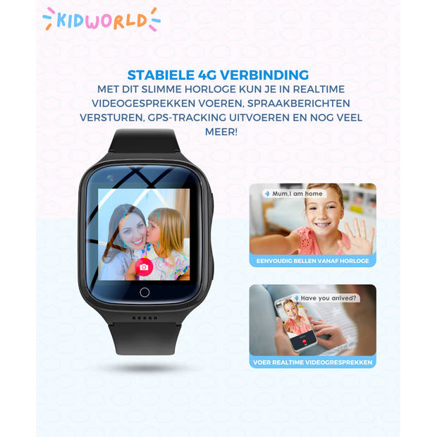 KidWorld Smartwatch Kinderen Zwart Met gratis Lebara simkaart incl. €15 beltegoed en 50MB 1000 mAh Batterij