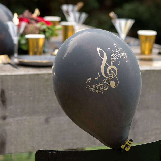 Santex muziek thema feest ballonnen - 8x stuks - 23 cm - zwart/goud - latex - Ballonnen
