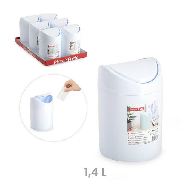 Plasticforte Mini prullenbakje - wit - kunststof - met klepdeksel - keuken aanrecht model - 1,4 Liter - 12 x 17 cm - Pru