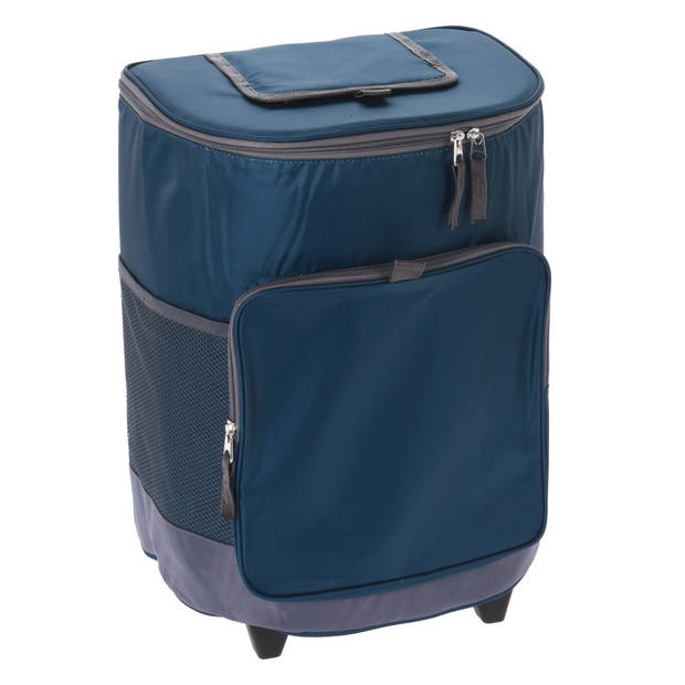 Grote strand/camping koeltas - Trolley op wielen - 31 x 24 x 38 cm - 2 vakken - blauw - 28 Liter - Koeltas