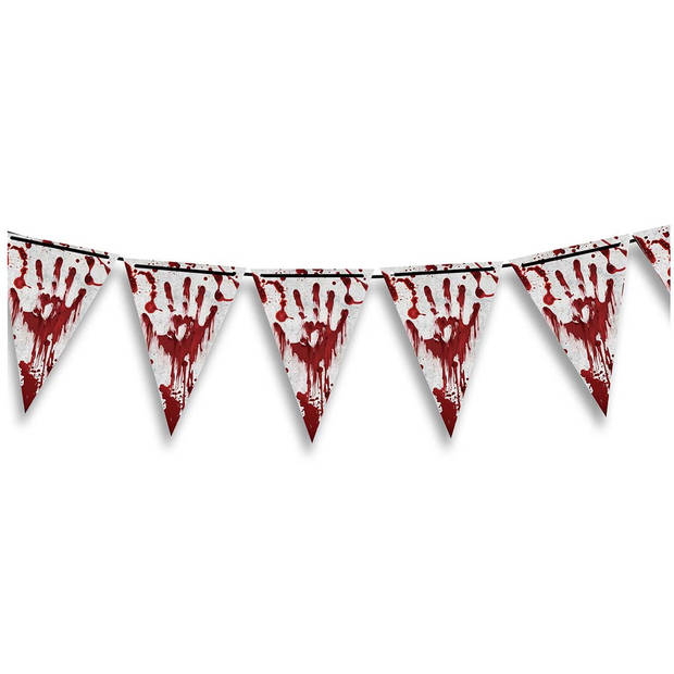 Halloween/horror thema vlaggenlijn - 2x - bloederige hand - kunststof - 400 cm - vlaggetjes versiering - Vlaggenlijnen