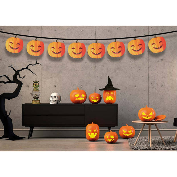 Halloween/horror thema feestslinger - 2x - pompoen - papier - 300 cm - feest versiering - Vlaggenlijnen