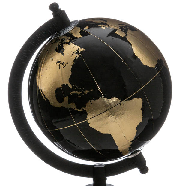 Decoratie wereldbol/globe zwart/goud op metalen voet D13 x H22 cm - Wereldbollen