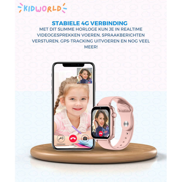 KidWorld Smartwatch Kinderen Roze Met gratis Lebara simkaart incl. €15 beltegoed en 50MB GPS IP67 Waterdicht