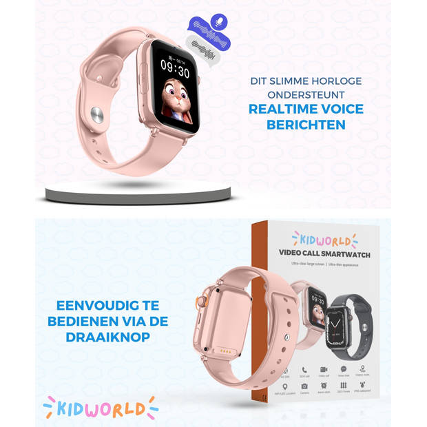 KidWorld Smartwatch Kinderen Roze Met gratis Lebara simkaart incl. €15 beltegoed en 50MB GPS IP67 Waterdicht