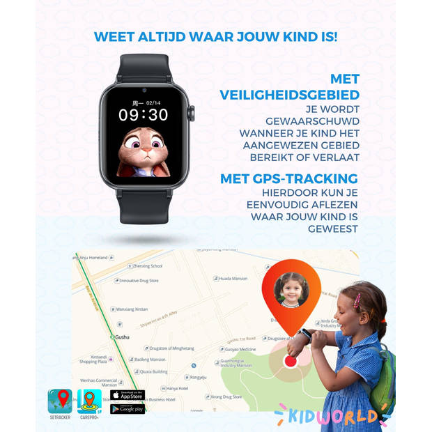 KidWorld Smartwatch Kinderen Zwart GPS IP67 Waterdicht 450 mAh Batterij HD-Camera
