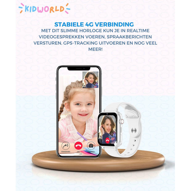 KidWorld Smartwatch Kinderen Wit Met gratis Lebara simkaart incl. €15 beltegoed en 50MB GPS IP67 Waterdicht