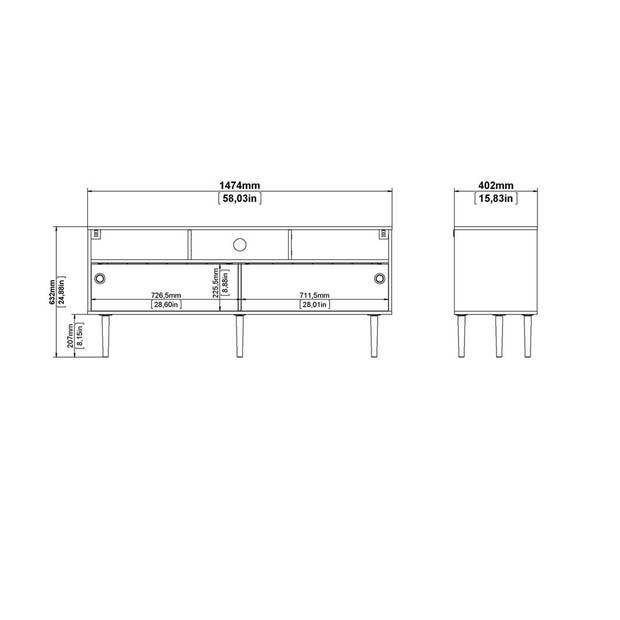 Penny TV-meubel 2 schuifdeuren en 3 vakken Hickory decor en mat zwart.