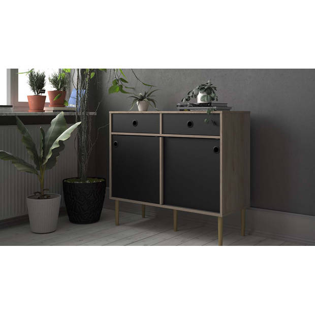 Penny dressoir 2 schuifdeuren en 2 laden Hickory decor en mat zwart.