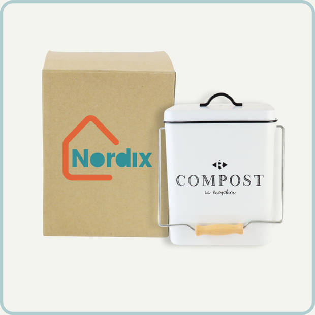 Nordix GFT Afvalbakje - Compostbakje Aanrecht - Prullenbakje - Keuken Compostemmer - Met Deksel - Wit - 5L - Metaal