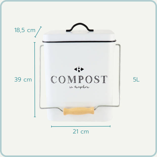 Nordix GFT Afvalbakje - Compostbakje Aanrecht - Prullenbakje - Keuken Compostemmer - Met Deksel - Wit - 5L - Metaal