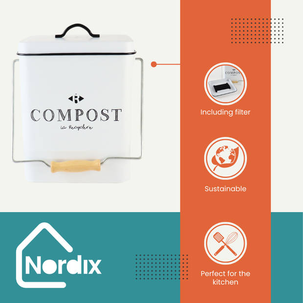 Nordix GFT Afvalbakje - Compostbakje Aanrecht - Prullenbakje - Keuken Compostemmer - Met Deksel - Wit - 5L - Metaal