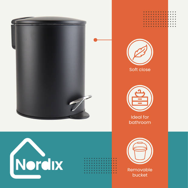 Nordix Pedaalemmer - 3 Liter - Prullenbak - Afvalbak - Badkamer - Toilet - Zwart - Metaal