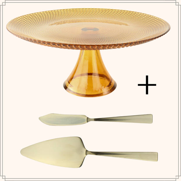 OTIX Taartplateau met Taartschep - Serveerplateau - Goud met Voet - 28cm - Amber - Kleur -Glas