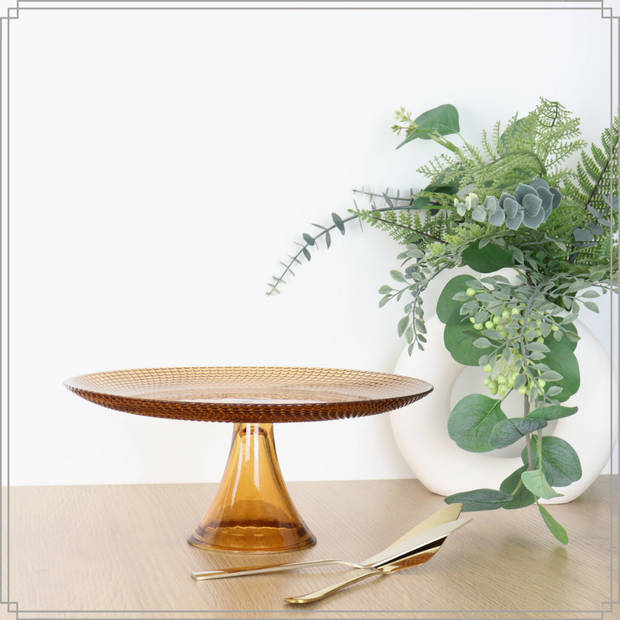 OTIX Taartplateau met Taartschep - Serveerplateau - Goud met Voet - 28cm - Amber - Kleur -Glas