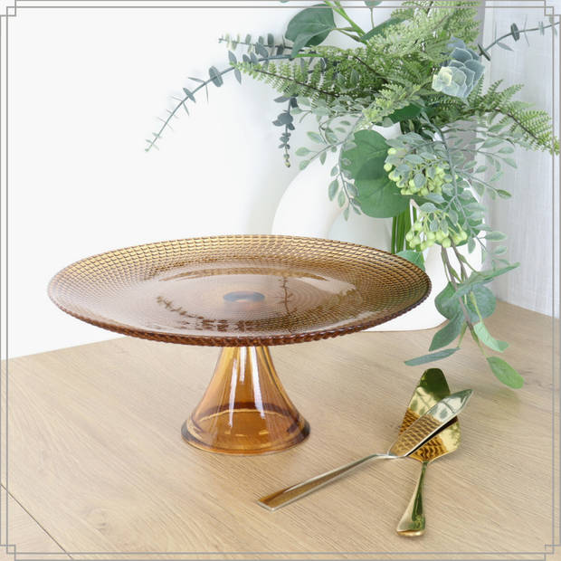 OTIX Taartplateau met Taartschep - Serveerplateau - Goud met Voet - 28cm - Amber - Kleur -Glas