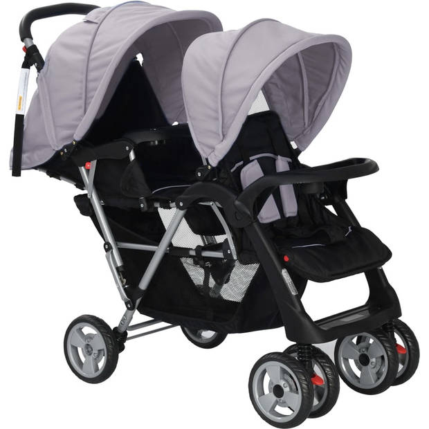 The Living Store Kinderwagen Dubbel - Grijs/Zwart - 122.5 x 53.5 x 111 cm - Duurzaam en veelzijdig